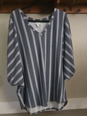 Lula Roe Striped V-Neck Women's Top in Charcoal and White